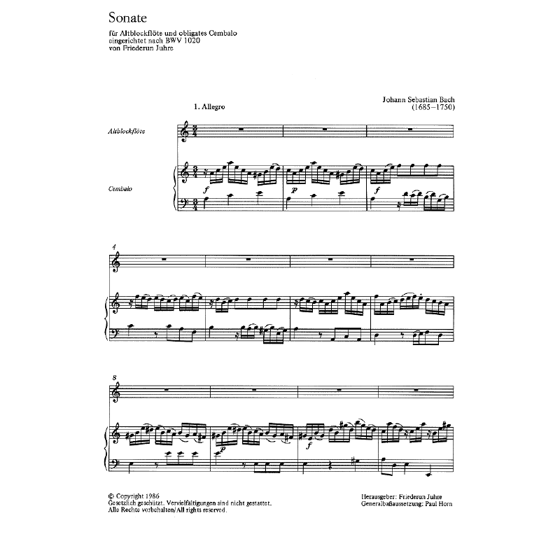 Titelbild für CARUS 11228-00 - SONATE G-MOLL BWV 1020 ABFL + OBLIGATES CEMB
