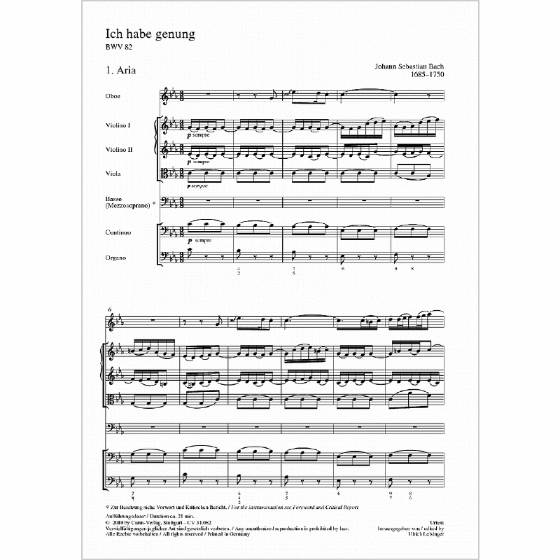 Notenbild für CARUS 31082-01 - KANTATE 82 ICH HABE GENUG BWV 82 C-MOLL