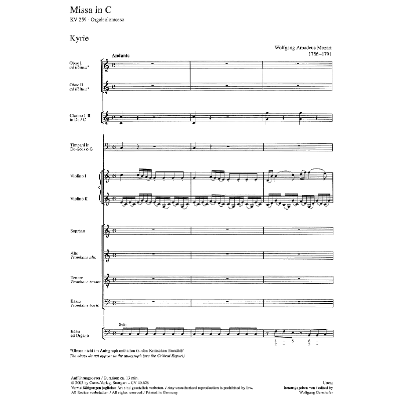 Notenbild für CARUS 40628-00 - MISSA BREVIS C-DUR KV 259 (ORGELSOLOMESSE)