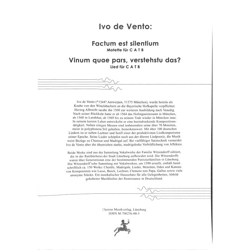 Titelbild für ISMN M-700256-00-5 - FACTUM EST SILENTIUM + VINUM QUAE PARS VERSTEHSTU DAS