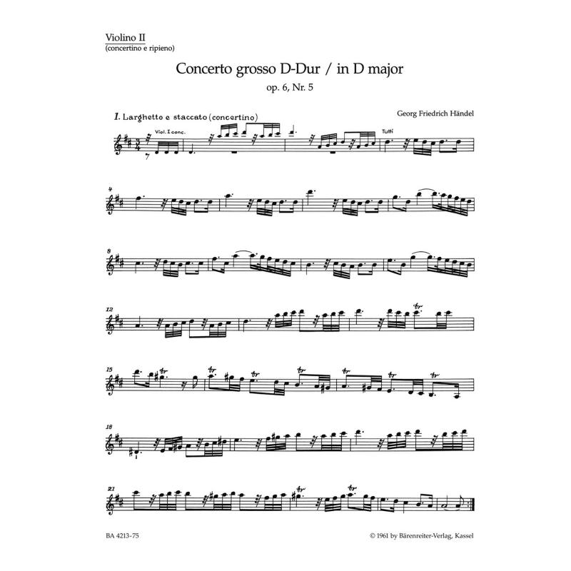 Titelbild für BA 4213-75 - Concerto grosso D-Dur op 6/5 HWV 323