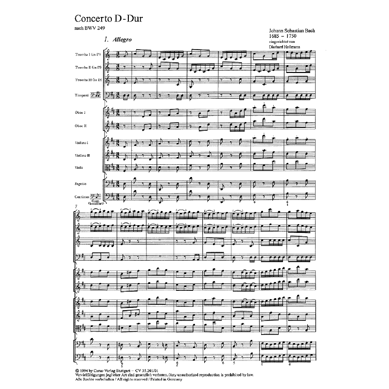 Notenbild für CARUS 35201-00 - CONCERTO D-DUR BWV 249