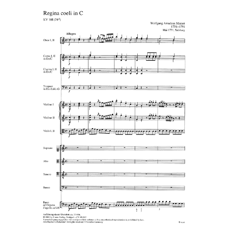 Notenbild für CARUS 40047-00 - REGINA COELI C-DUR KV 108