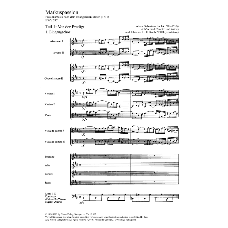 Notenbild für CARUS 10365-00 - MARKUS PASSION BWV 247