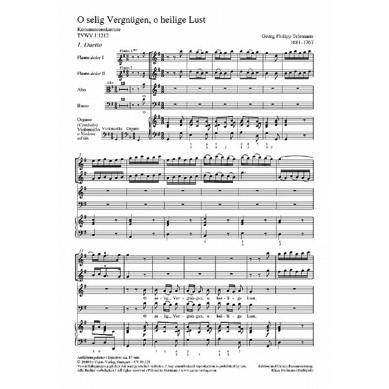 Notenbild für CARUS 39121-00 - O SELIG VERGNUEGEN O HEILIGE LUST TWV 1/1212