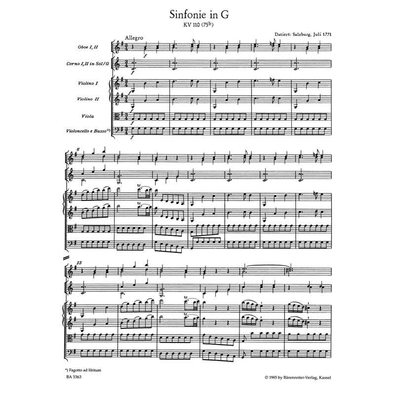 Titelbild für BA 5363 - Sinfonie G-Dur KV 110