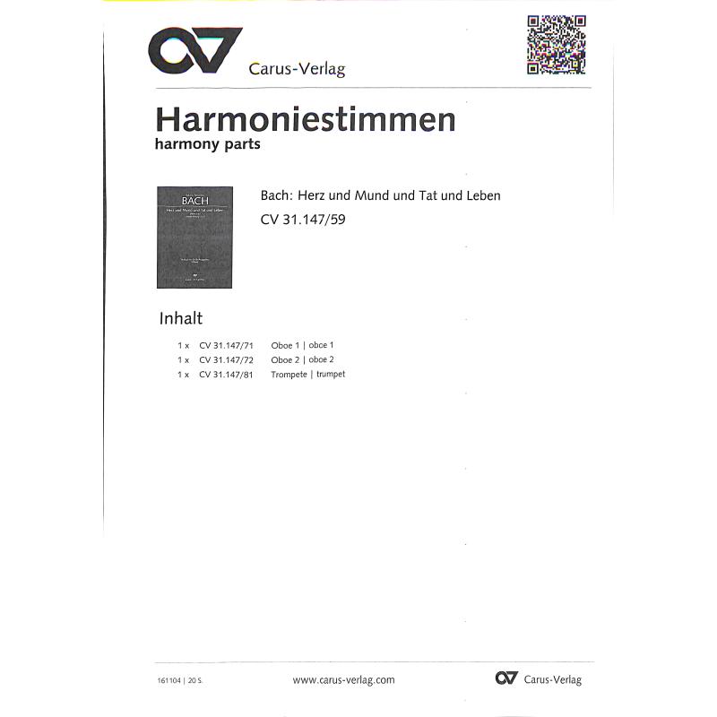 Titelbild für CARUS 31147-59 - Kantate 147 Herz und Mund und Tat und Leben BWV 147 | Leipziger Fassun
