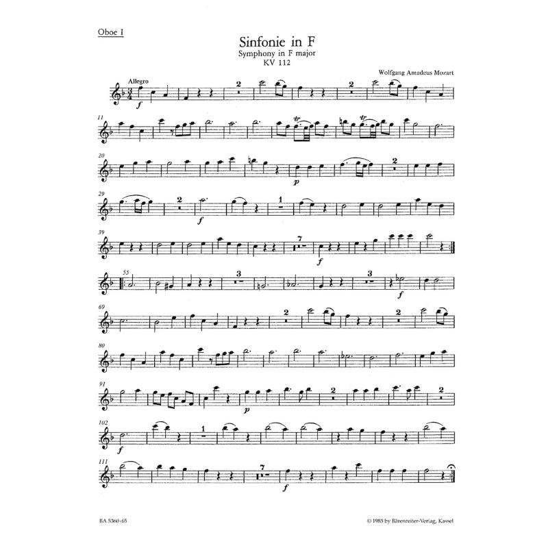 Titelbild für BA 5360-65 - Sinfonie F-Dur KV 112