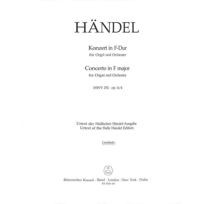 Titelbild für BA 8344-68 - Konzert F-Dur op 4/4 HWV 292